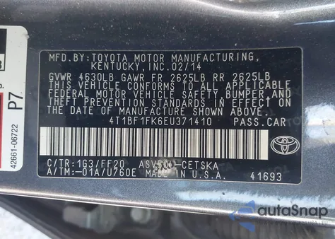 2014 Toyota Camry Se from USA, damaged, VIN 4T1BF1FK6EU371410